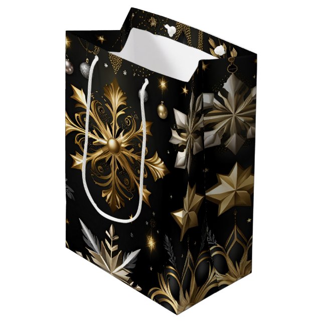 Chic Silver And Gold Snowflakes Medium Gift Bag (Front Angled)