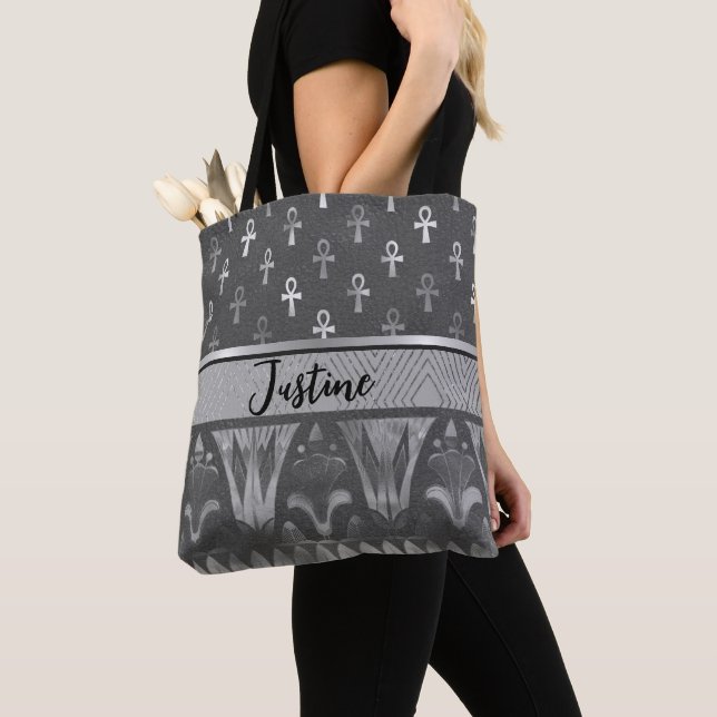 Chic Silver Ankh Cross Egyptian Lotus Personalized Tote Bag (Close Up)