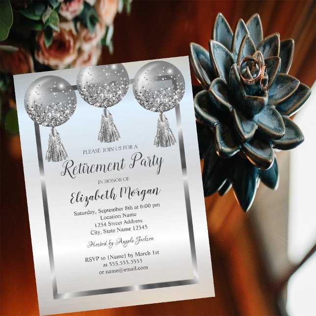 Chic Silver Balloons,Frame,Retirement   Invitation (Creator Uploaded)