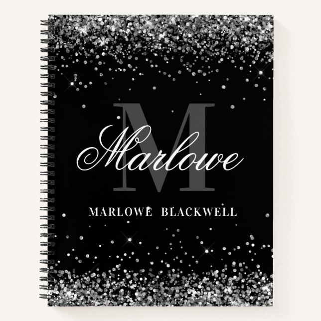 Chic Silver Black and White Monogram Glitter Notebook (Front)