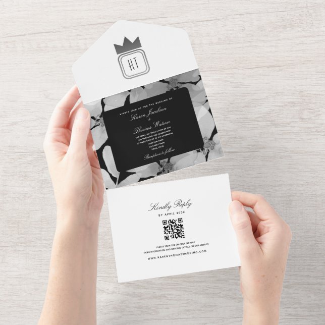Chic Silver Black and White Monogram Wedding All In One Invitation (Tearaway)