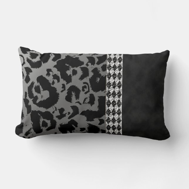 Chic Silver Black Leopard Print Suede Harlequin Lumbar Pillow (Front)