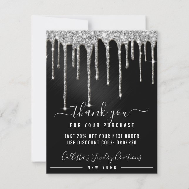 Chic Silver Black Metallic Glitter Drips Discount Thank You Card (Front)