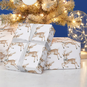 Chic Silver Bow Reindeer Christmas Wrapping Paper