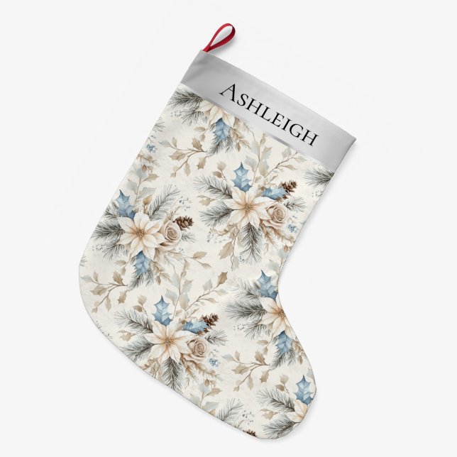 Chic Silver Cream Blue White Floral Christmas   Large Christmas Stocking (Front (Hanging))