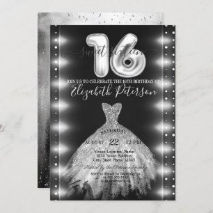 Chic Silver Dress Confetti Lights Sweet 16 Invitation