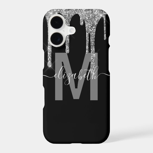 Chic Silver Dripping Glitter Monogram Name (Back)