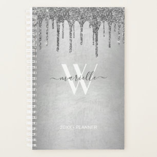 Chic Silver Dripping Glitter Monogram Name 2022 Planner