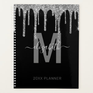 Chic Silver Dripping Glitter Monogram Name 2024 Planner