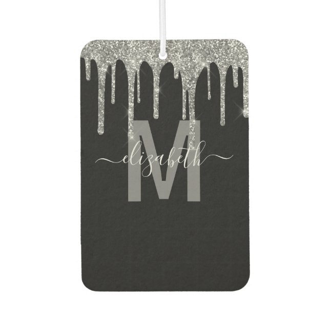 Chic Silver Dripping Glitter Monogram Name Air Freshener (Front)