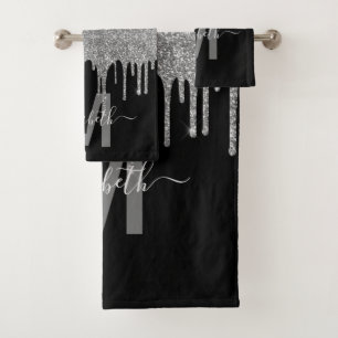 Chic Silver Dripping Glitter Monogram Name Bath Towel Set
