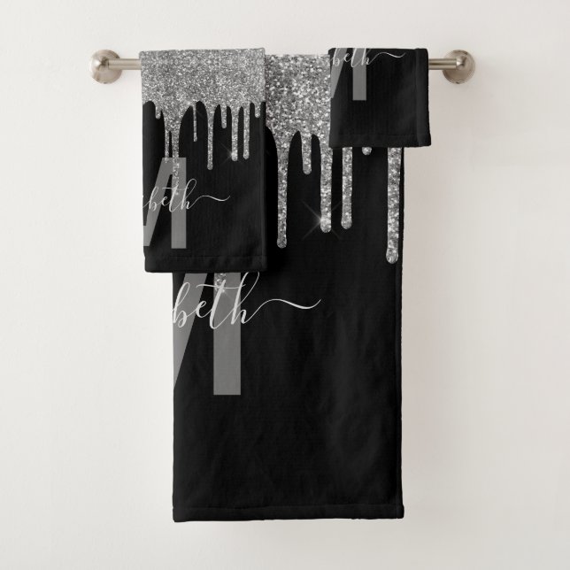 Chic Silver Dripping Glitter Monogram Name Bath Towel Set (Insitu)