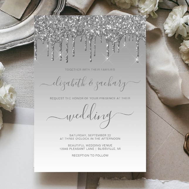 Chic Silver Dripping Glitter Wedding Invitation (Creator Uploaded)