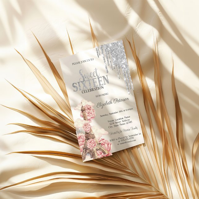 Chic Silver Drips,Eiffel Tower Peonies Sweet 16 Invitation (Creator Uploaded)