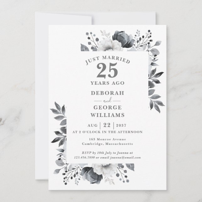 Chic Silver Floral 25th Wedding Anniversary  Invitation (Front)