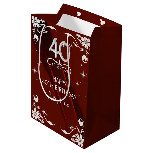 Chic Silver Floral Frame Burgundy 40th Birthday Medium Gift Bag (Back Angled)