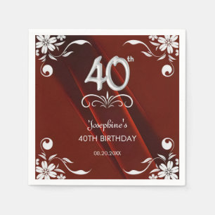 Chic Silver Floral Frame Burgundy 40th Birthday Napkin