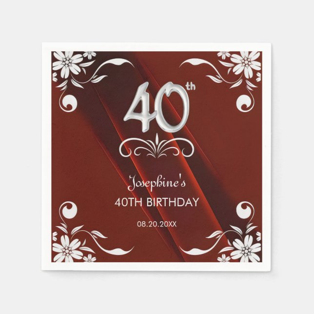 Chic Silver Floral Frame Burgundy 40th Birthday Napkin (Front)