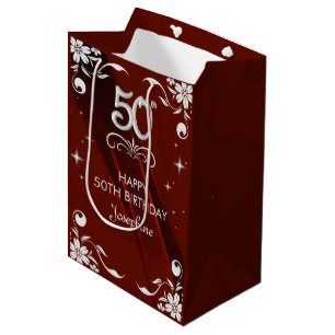 Chic Silver Floral Frame Burgundy 50th Birthday Medium Gift Bag