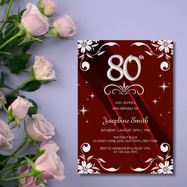 Chic Silver Floral Frame Burgundy 80th Birthday Invitation (Creator Uploaded)