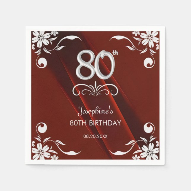 Chic Silver Floral Frame Burgundy 80th Birthday Napkin (Front)