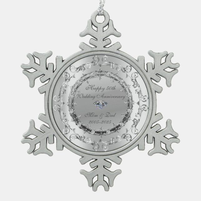 Chic Silver Floral Swirls Wedding Anniversary Snowflake Pewter Christmas Ornament (Front)