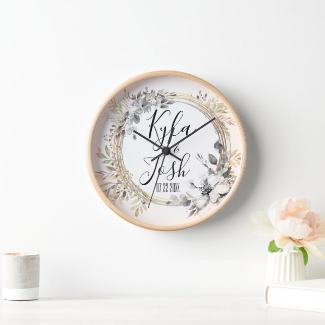 Chic Silver Floral Wreath Wedding Personalized Clock (Home)