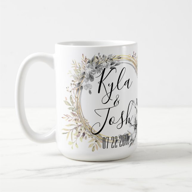 Chic Silver Floral Wreath Wedding Personalized  Coffee Mug (Left)