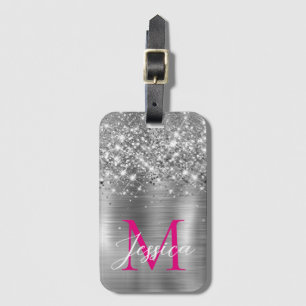Chic Silver Foil Faux Glitter Hot Pink Monogram Luggage Tag