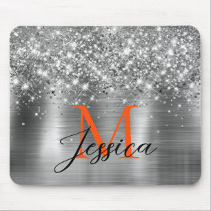Chic Silver Foil Faux Glitter Orange Monogram Mouse Pad
