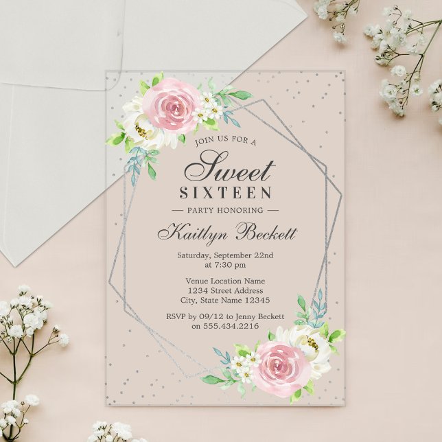 Chic Silver Foil Floral Sweet 16 Birthday Acrylic Invitations (Creator Uploaded)