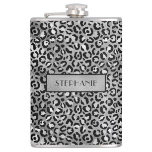 Chic Silver Foil Leopard Print Personalized Hip Flask