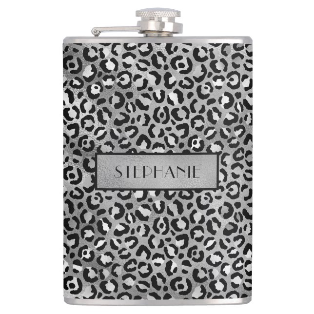 Chic Silver Foil Leopard Print Personalized Hip Flask (Front)