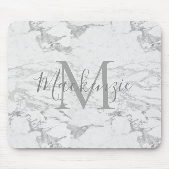 Chic Silver Foil Marble Monogram Mouse Pad (Front)