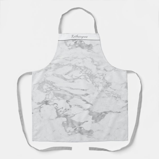 Chic Silver Foil Marble Personalized Apron (Front)