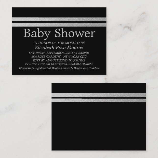 Chic Silver Foil Stripes, Black Baby Shower Ticket (Front/Back)
