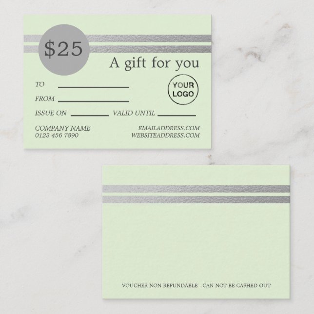 Chic Silver Foil Stripes | Mint Green Gift Cards (Front/Back)