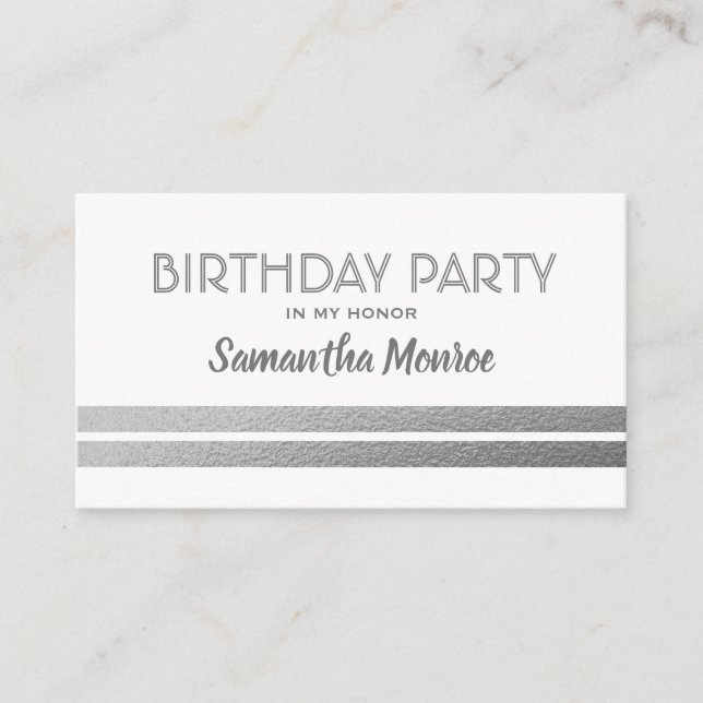 Chic Silver Foil Stripes | White Birthday Invite (Front)