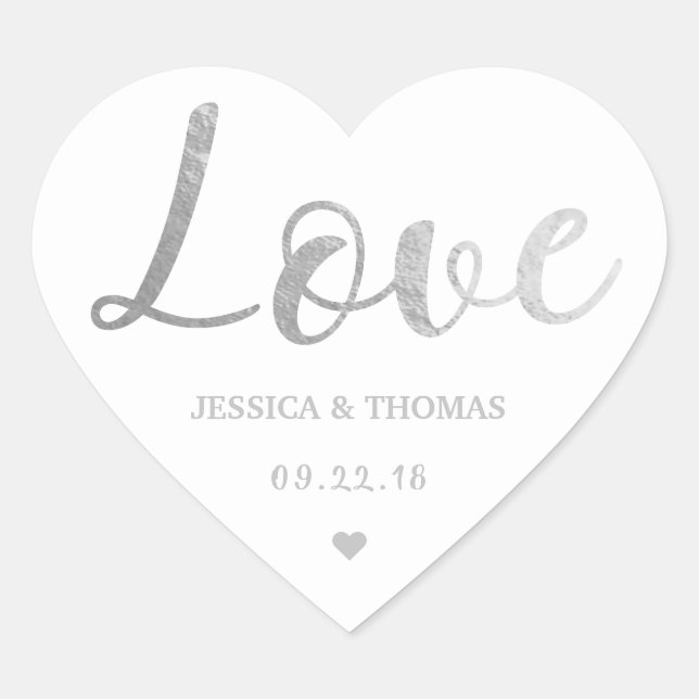 Chic Silver Foil Typography Script Love Wedding Heart Sticker (Front)