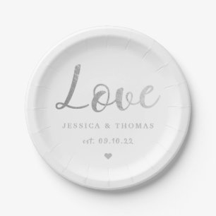 Chic Silver Foil Typography Script Love Wedding Paper Plate
