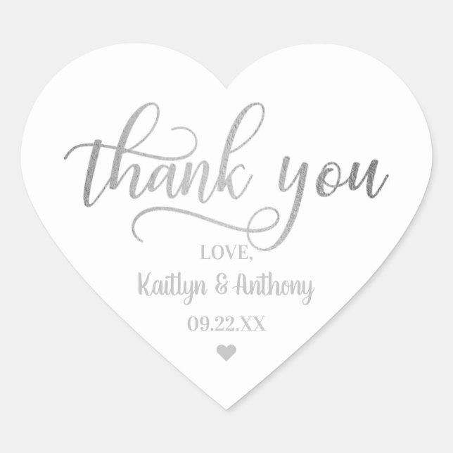 Chic Silver Foil Wedding Thank You Heart Sticker (Front)