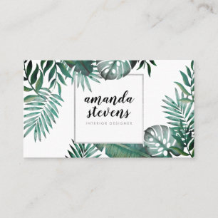 Chic silver foil white tropical green watercolor business card