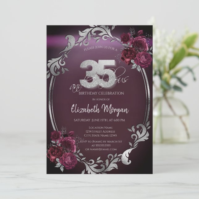 Chic Silver Frame Burgundy Roses 35th Birthday Invitation (Standing Front)