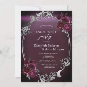 Chic Silver Frame Burgundy Roses Engagement Invitation