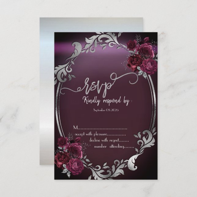 Chic Silver Frame Burgundy Roses RSVP  Invitation (Front/Back)