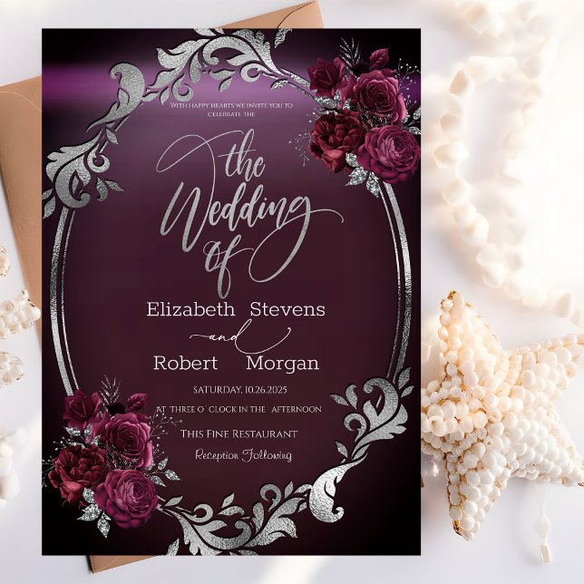Chic Silver Frame Burgundy Roses Wedding  Invitation (Creator Uploaded)