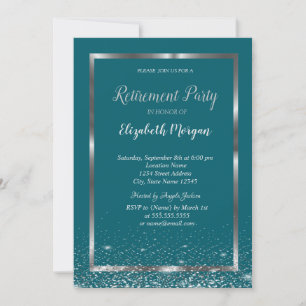 Chic Silver Frame Confetti Green Retirement Invitation