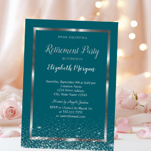 Chic Silver Frame Confetti Green Retirement Invitation