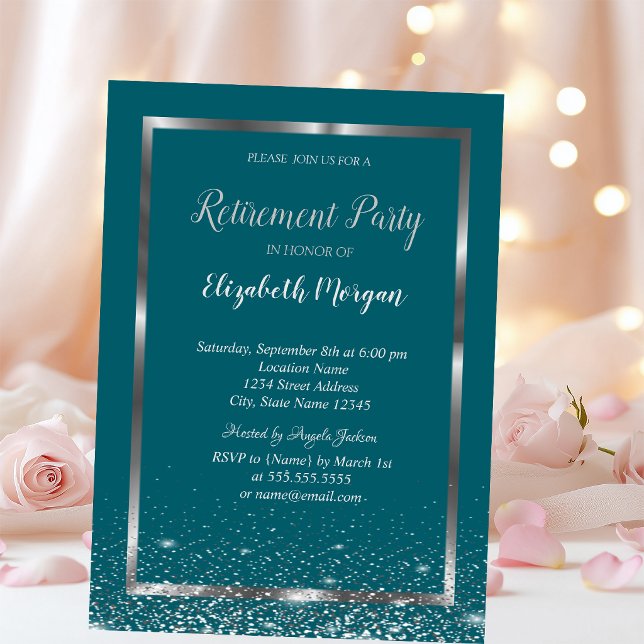 Chic Silver Frame Confetti Green Retirement Invitation (Creator Uploaded)
