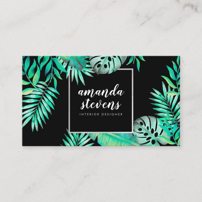 Chic silver frame watercolor tropical green leaves business card (Front)